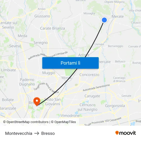 Montevecchia to Bresso map