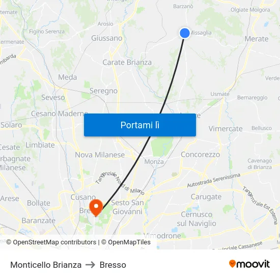 Monticello Brianza to Bresso map