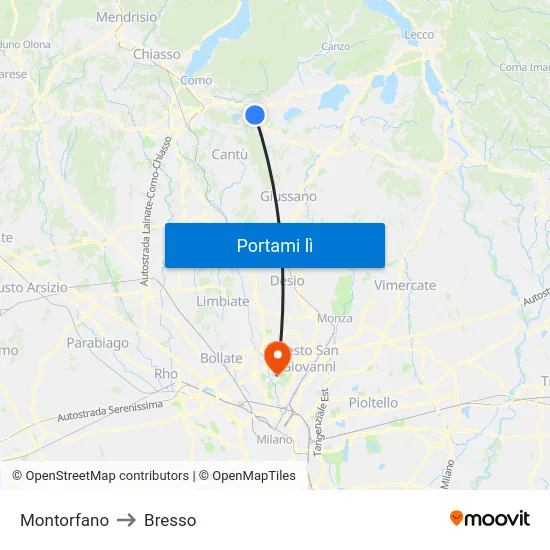 Montorfano to Bresso map