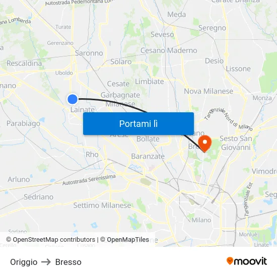 Origgio to Bresso map
