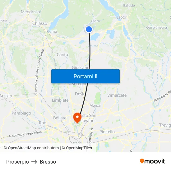 Proserpio to Bresso map