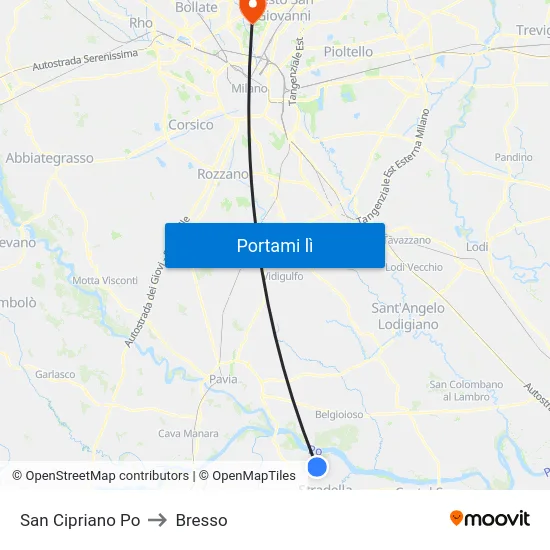 San Cipriano Po to Bresso map