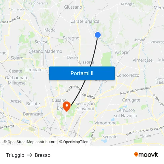 Triuggio to Bresso map