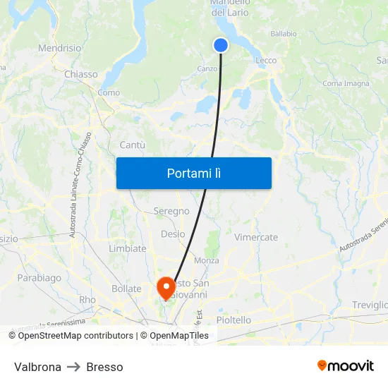 Valbrona to Bresso map
