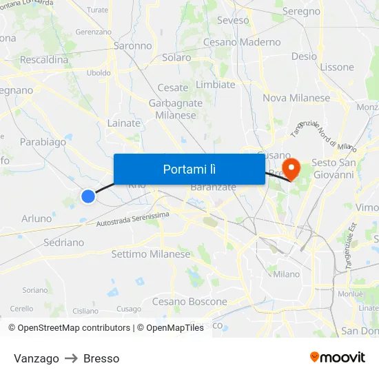 Vanzago to Bresso map