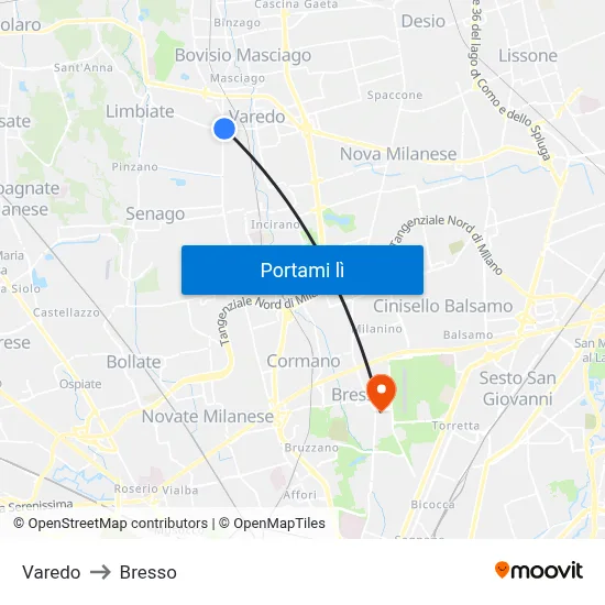 Varedo to Bresso map