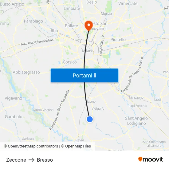 Zeccone to Bresso map