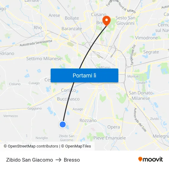 Zibido San Giacomo to Bresso map