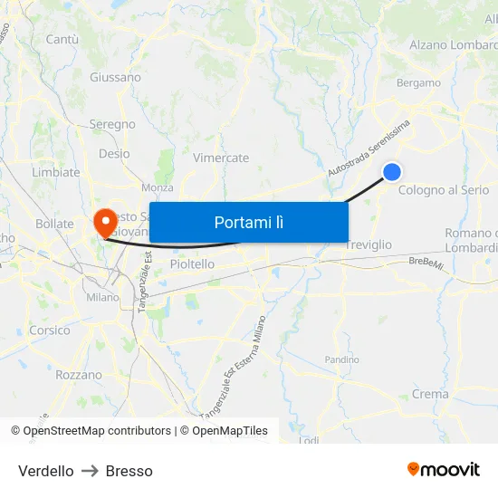 Verdello to Bresso map