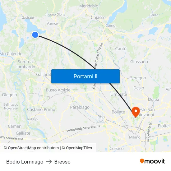 Bodio Lomnago to Bresso map