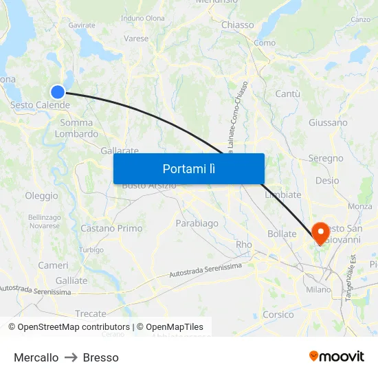 Mercallo to Bresso map