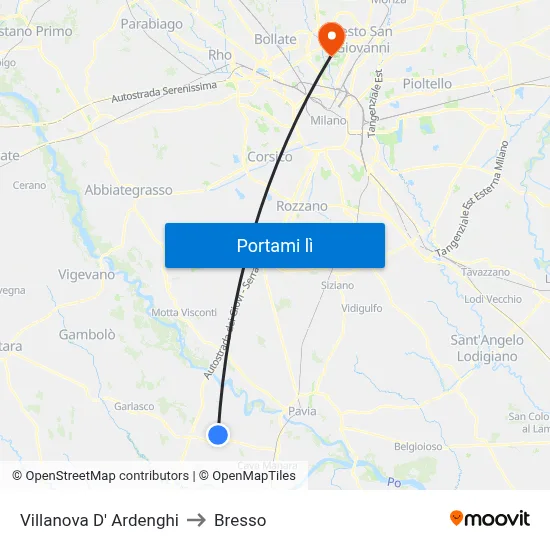 Villanova D' Ardenghi to Bresso map