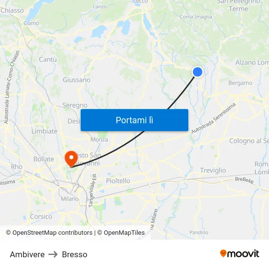 Ambivere to Bresso map