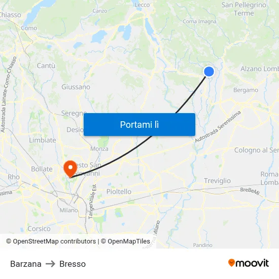 Barzana to Bresso map