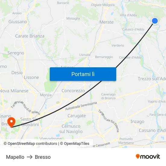 Mapello to Bresso map