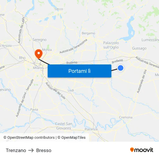 Trenzano to Bresso map