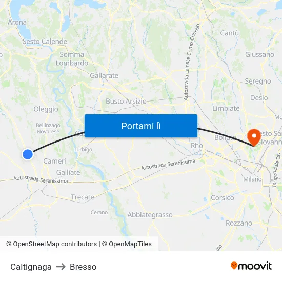 Caltignaga to Bresso map