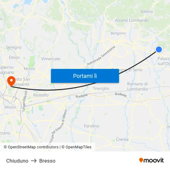 Chiuduno to Bresso map