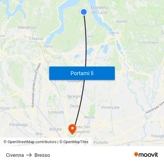 Civenna to Bresso map