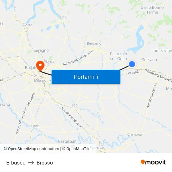 Erbusco to Bresso map