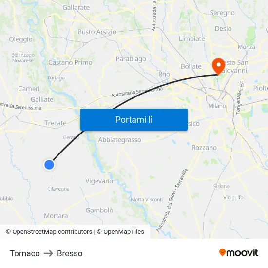 Tornaco to Bresso map