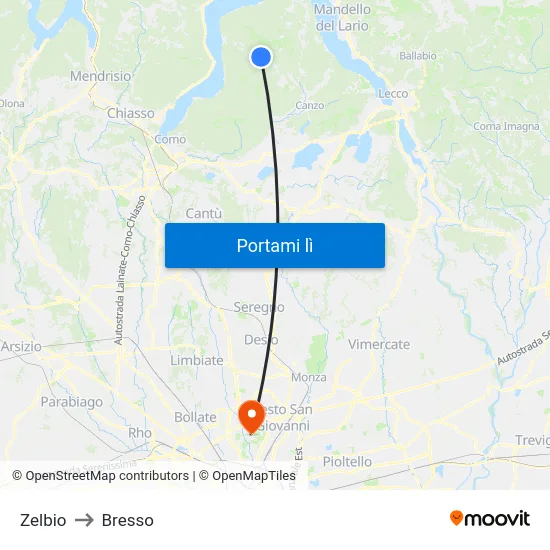 Zelbio to Bresso map