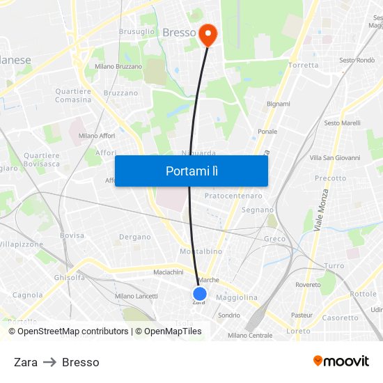 Zara to Bresso map