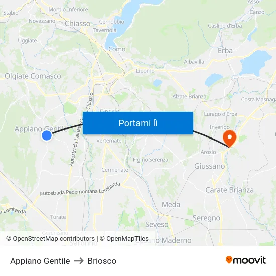 Appiano Gentile to Briosco map