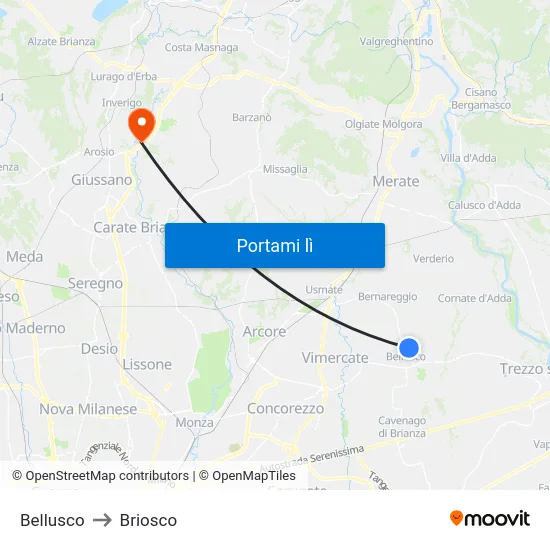 Bellusco to Briosco map