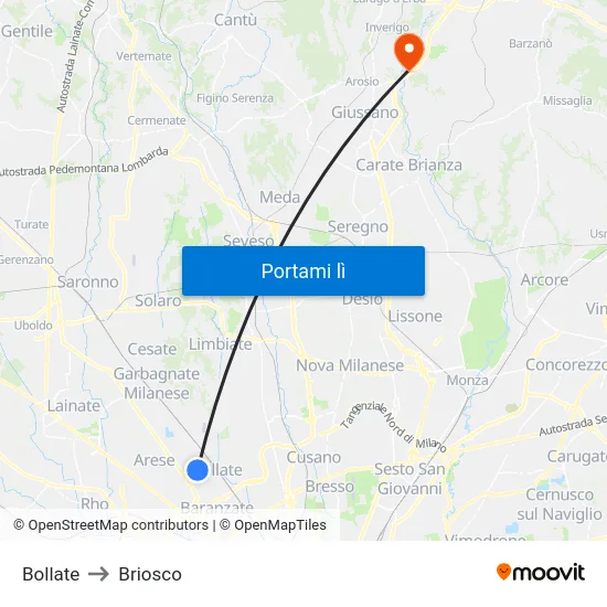 Bollate to Briosco map