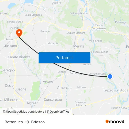 Bottanuco to Briosco map