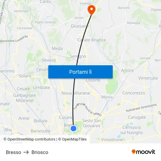 Bresso to Briosco map