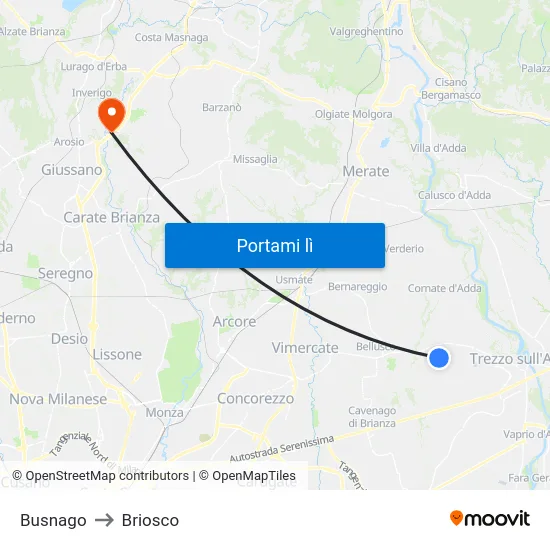 Busnago to Briosco map