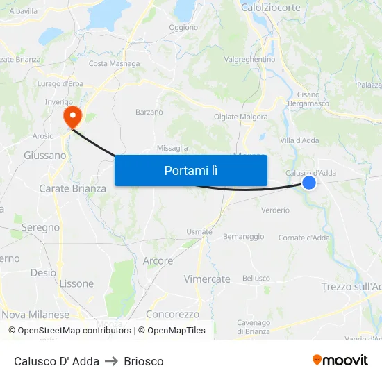 Calusco D' Adda to Briosco map