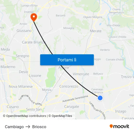 Cambiago to Briosco map