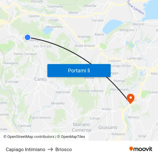 Capiago Intimiano to Briosco map