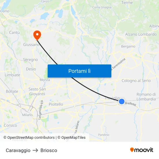 Caravaggio to Briosco map