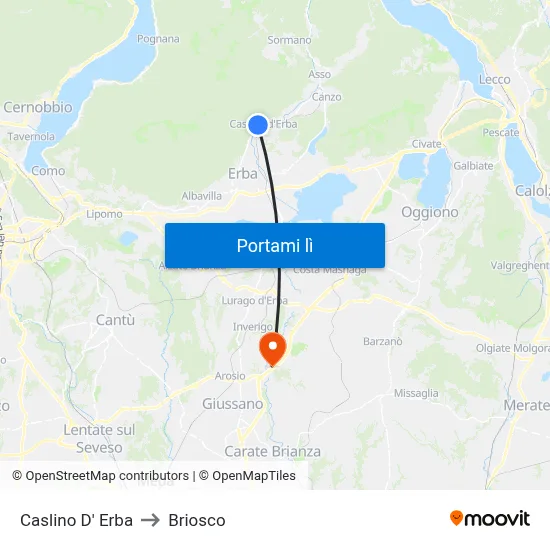 Caslino D' Erba to Briosco map