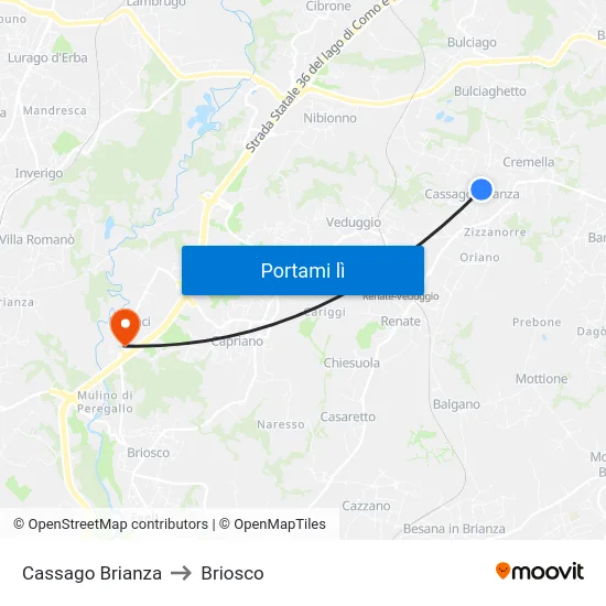 Cassago Brianza to Briosco map