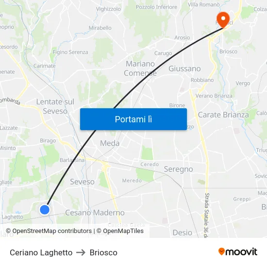 Ceriano Laghetto to Briosco map