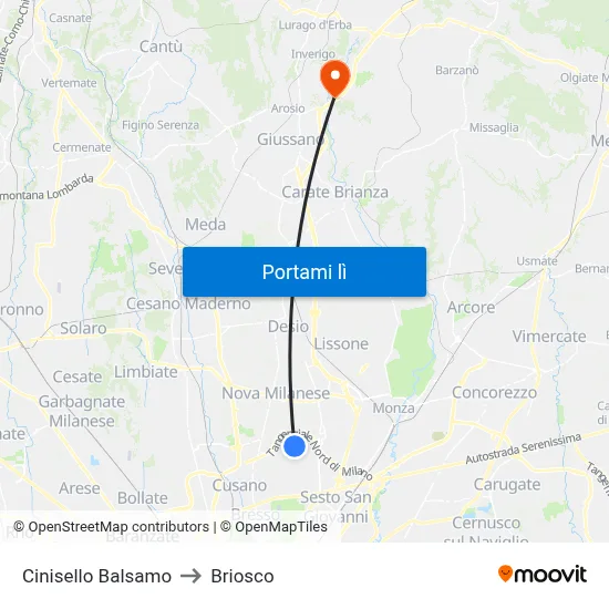 Cinisello Balsamo to Briosco map