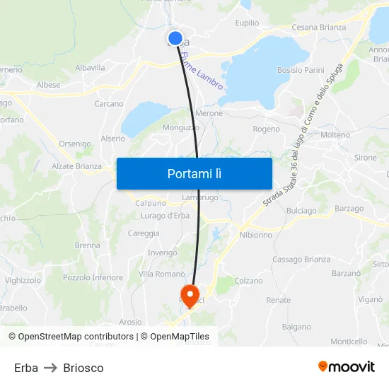 Erba to Briosco map