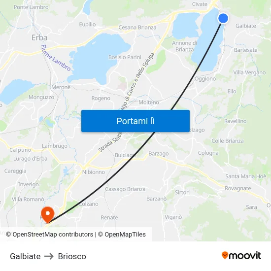 Galbiate to Briosco map