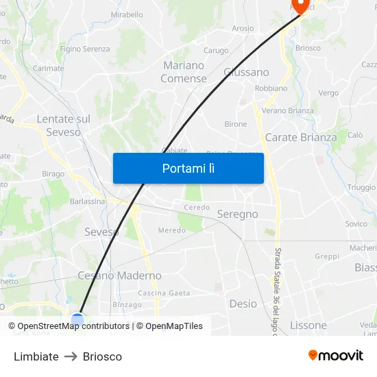Limbiate to Briosco map