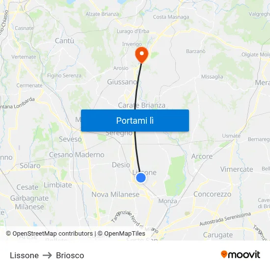 Lissone to Briosco map