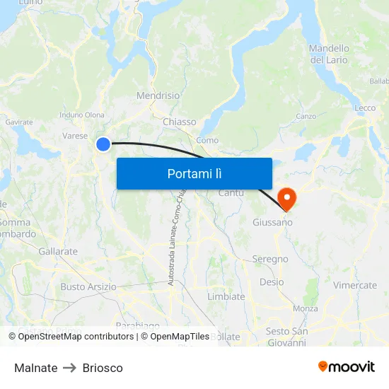 Malnate to Briosco map