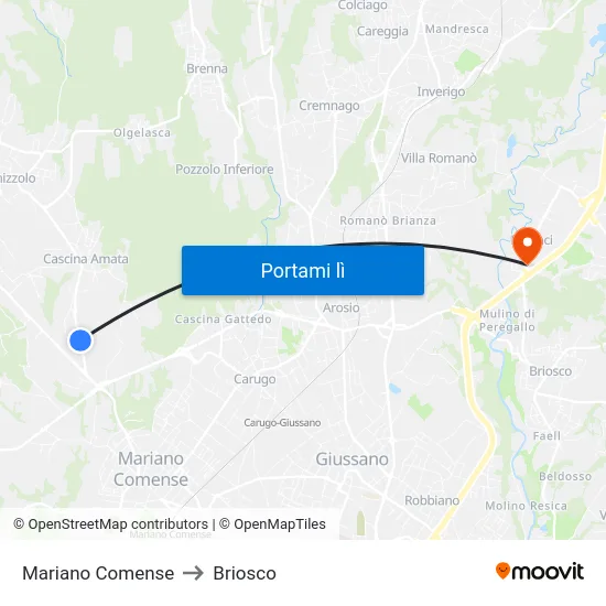 Mariano Comense to Briosco map