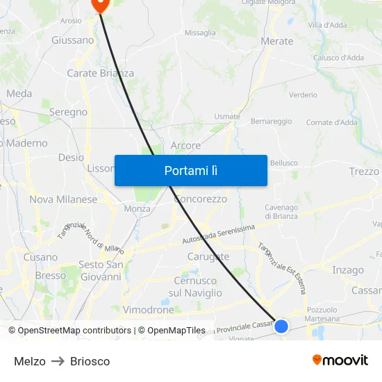 Melzo to Briosco map