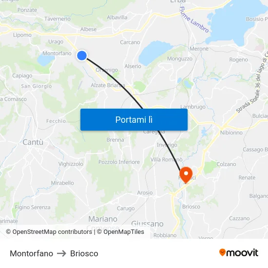 Montorfano to Briosco map