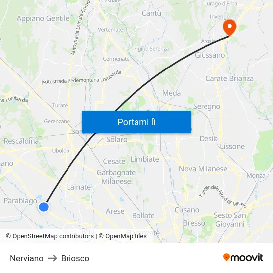 Nerviano to Briosco map